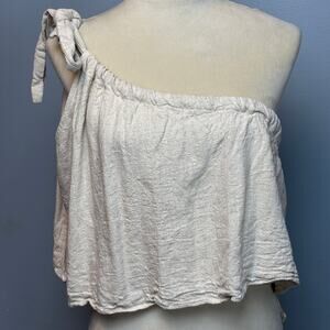 Crescent Linen Blend One Shoulder Boho Crop Blouse Top Lined Minimalist Small